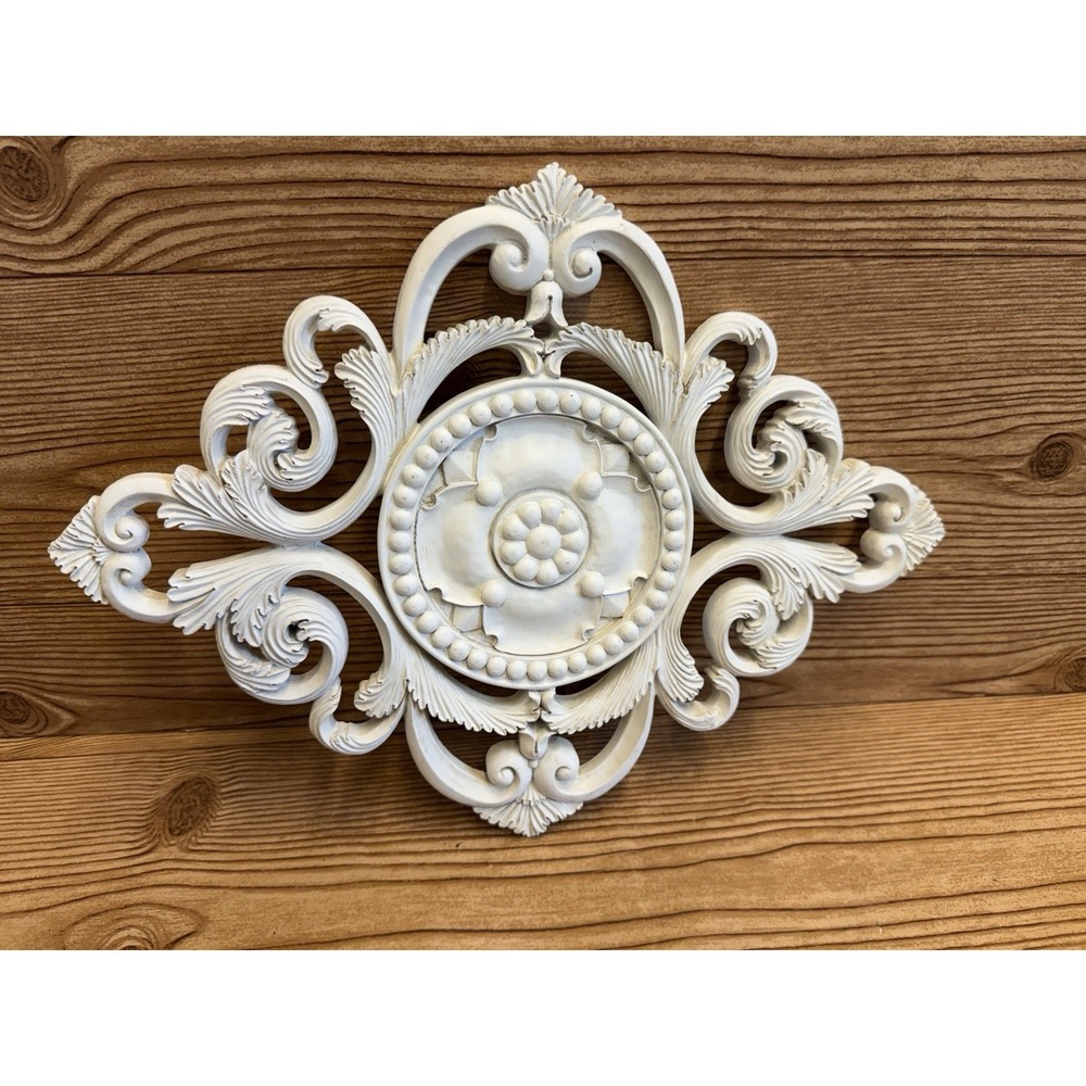 Ornate ~ 15" Shabby Chic Distressed White Architectural Wall Hook Plaque